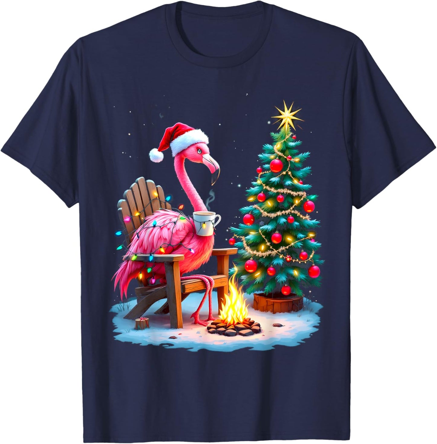 Funny Christmas Flamingo Santa Lights Winter Men Women Kids T-Shirt - T-Shirt | Navy