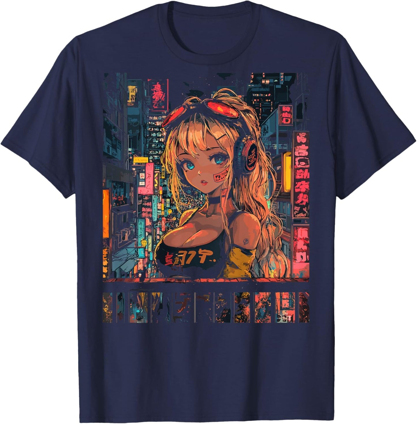 Anime Girl Japan Back Printed Graphic T-Shirt - T-Shirt | Navy