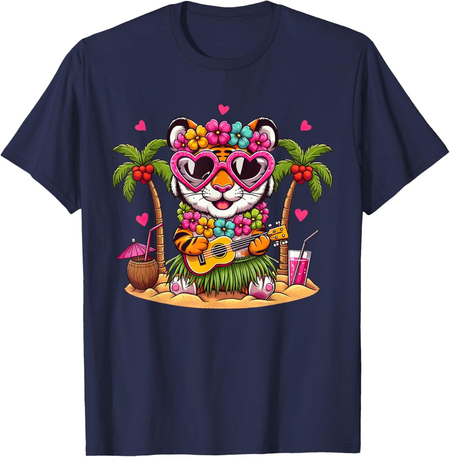 Funny Tiger Hawaiian Costume Kids Summer Vacation Tiger T-Shirt - T-Shirt | Navy