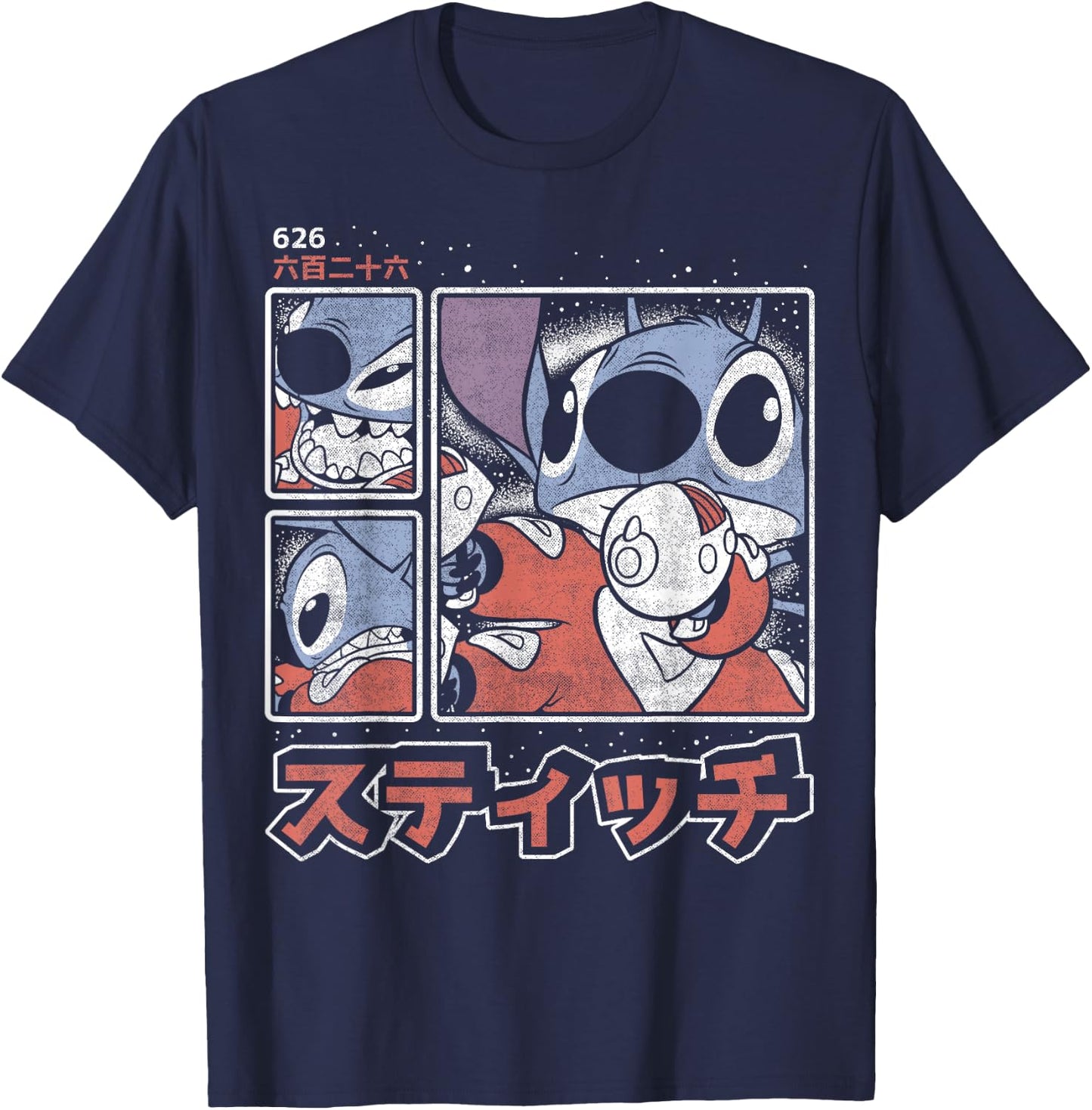 Disney Lilo & Stitch 626 Stitch Day Kanji Panels T-Shirt - T-Shirt | Navy