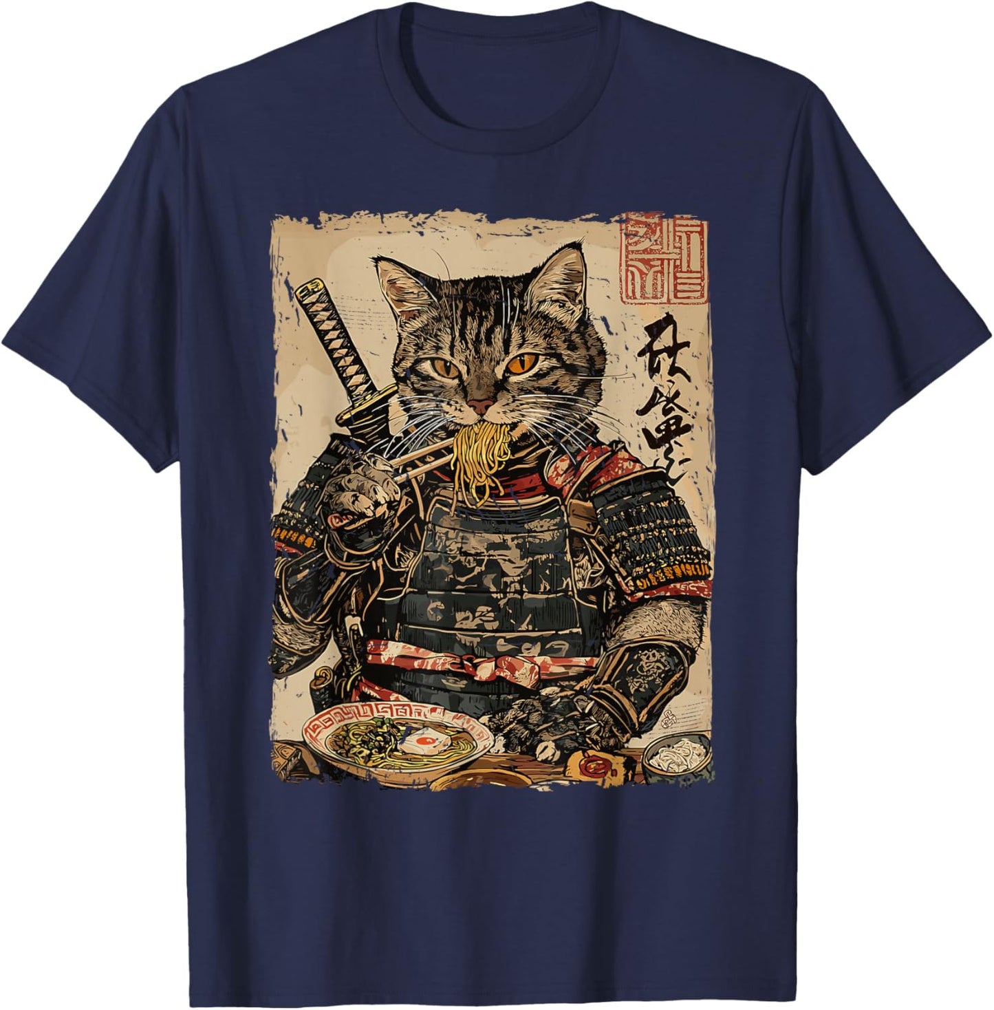Samurai Cat Loves Ramen Funny Anime Japanese Artwork Samurai T-Shirt - T-Shirt | Navy