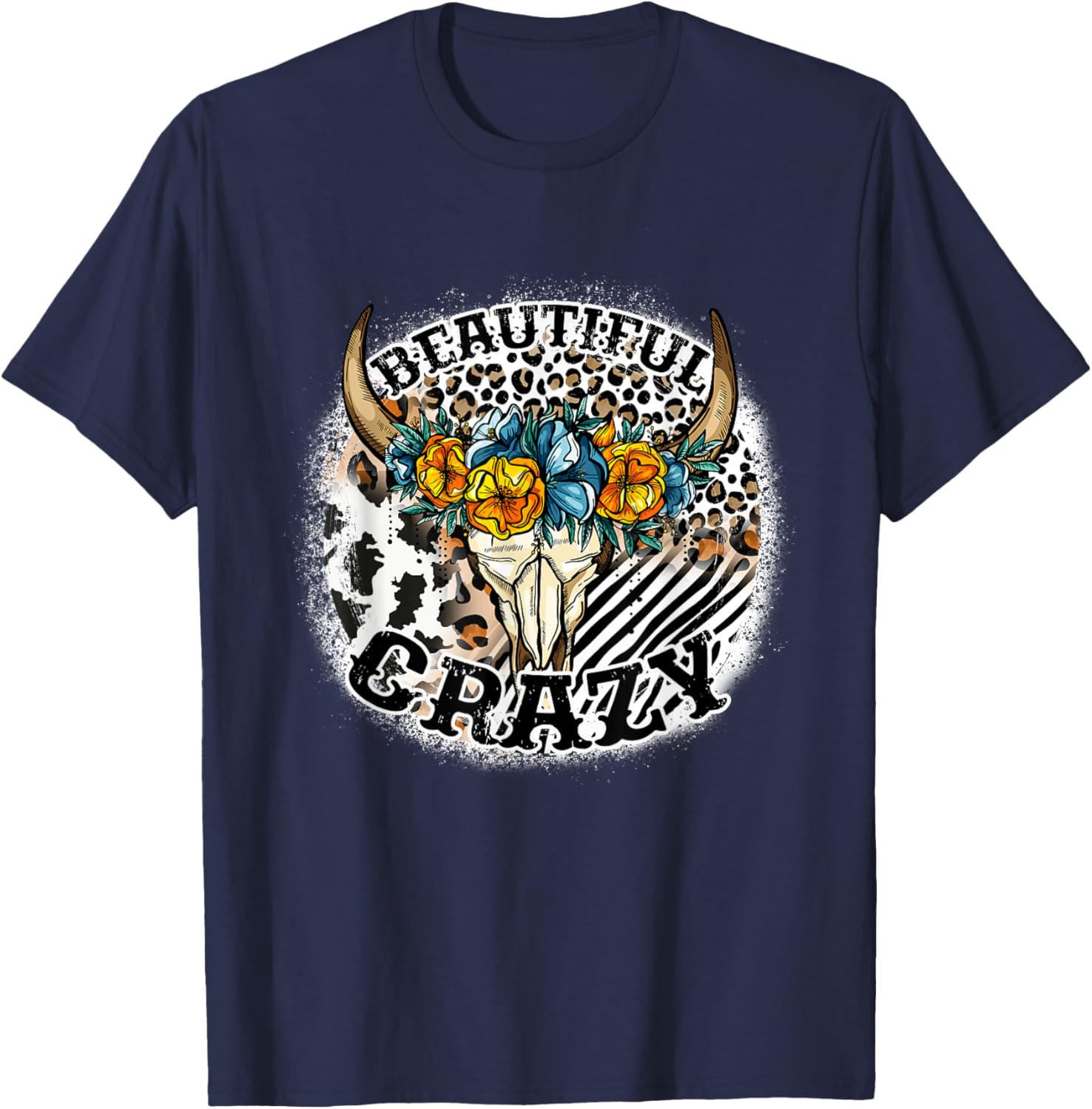 Beautiful Bull Skull Flower Crazy Cow Skull Leopard-Print T-Shirt - T-Shirt | Navy