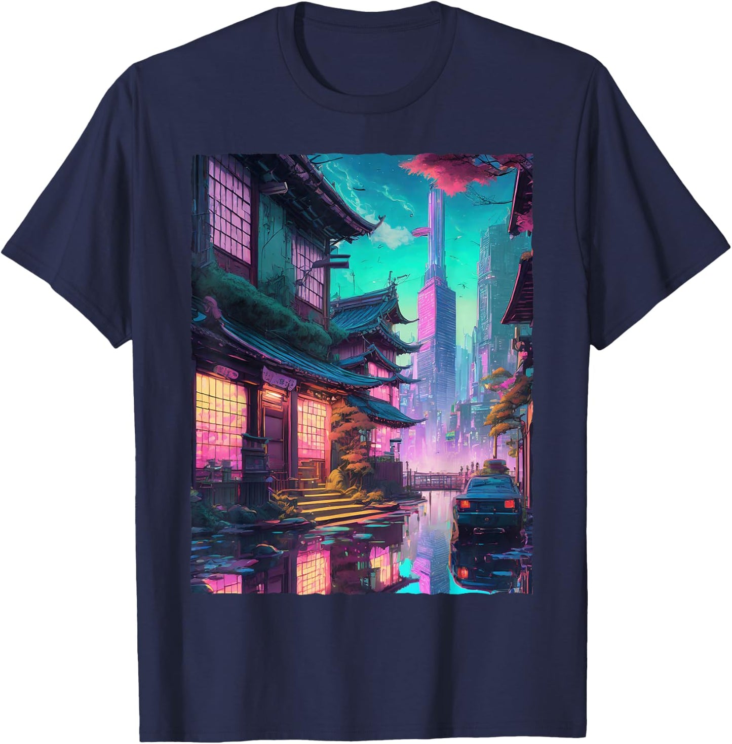 Japanese Streetwear Synthwave Vaporwave City Retro Aesthetic T-Shirt - T-Shirt | Navy