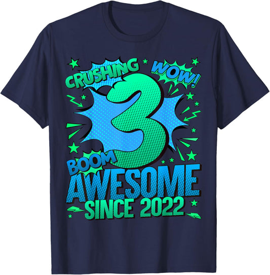 Comics Style 2025 Birthday Gifts HH 3 Year Old Boy Black T-Shirt - T-Shirt | Navy