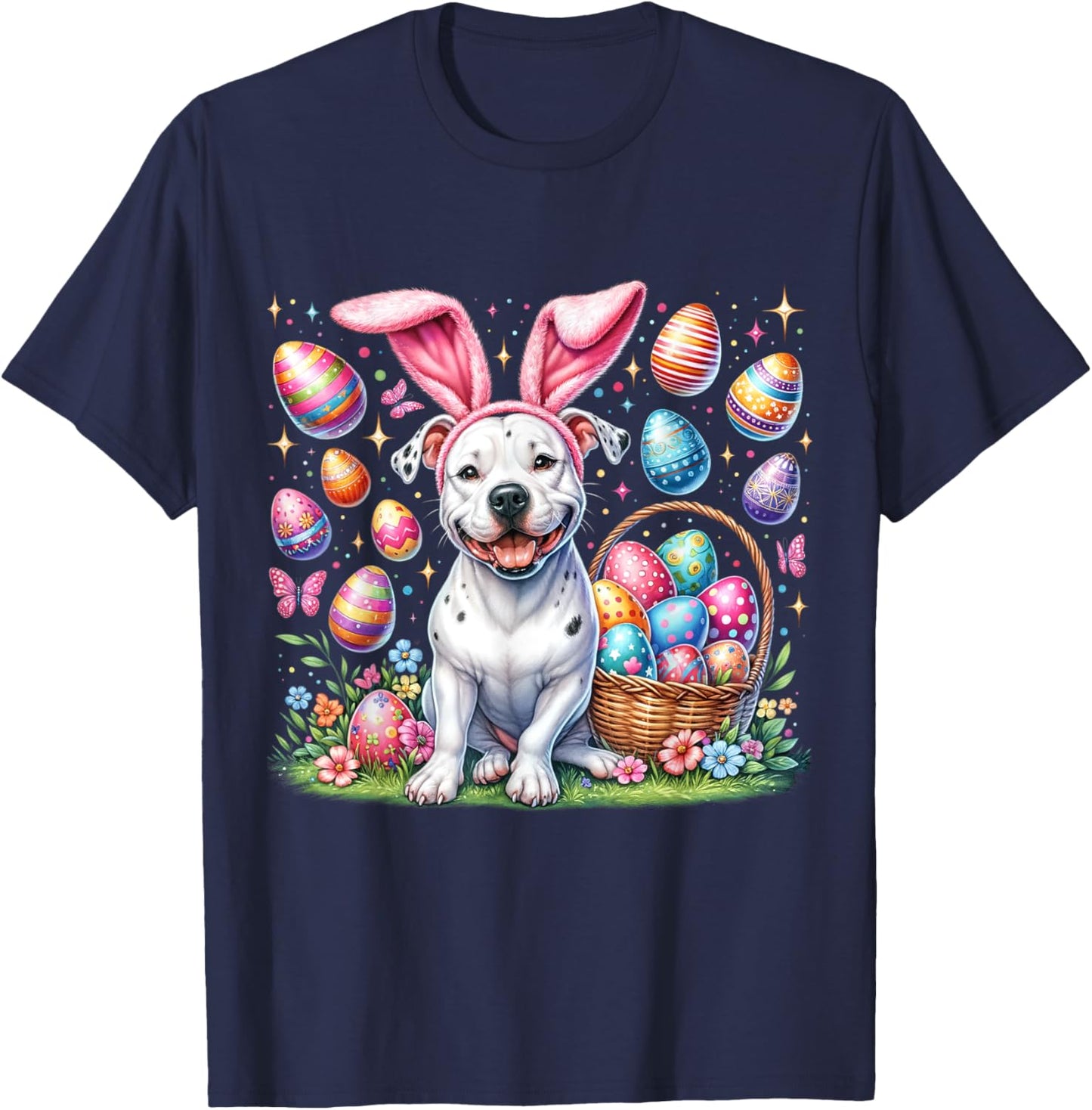 Cute Bunny Pitbull Dog Easter Eggs Basket Easter Day Delight Women Kids T-Shirt - T-Shirt | Navy