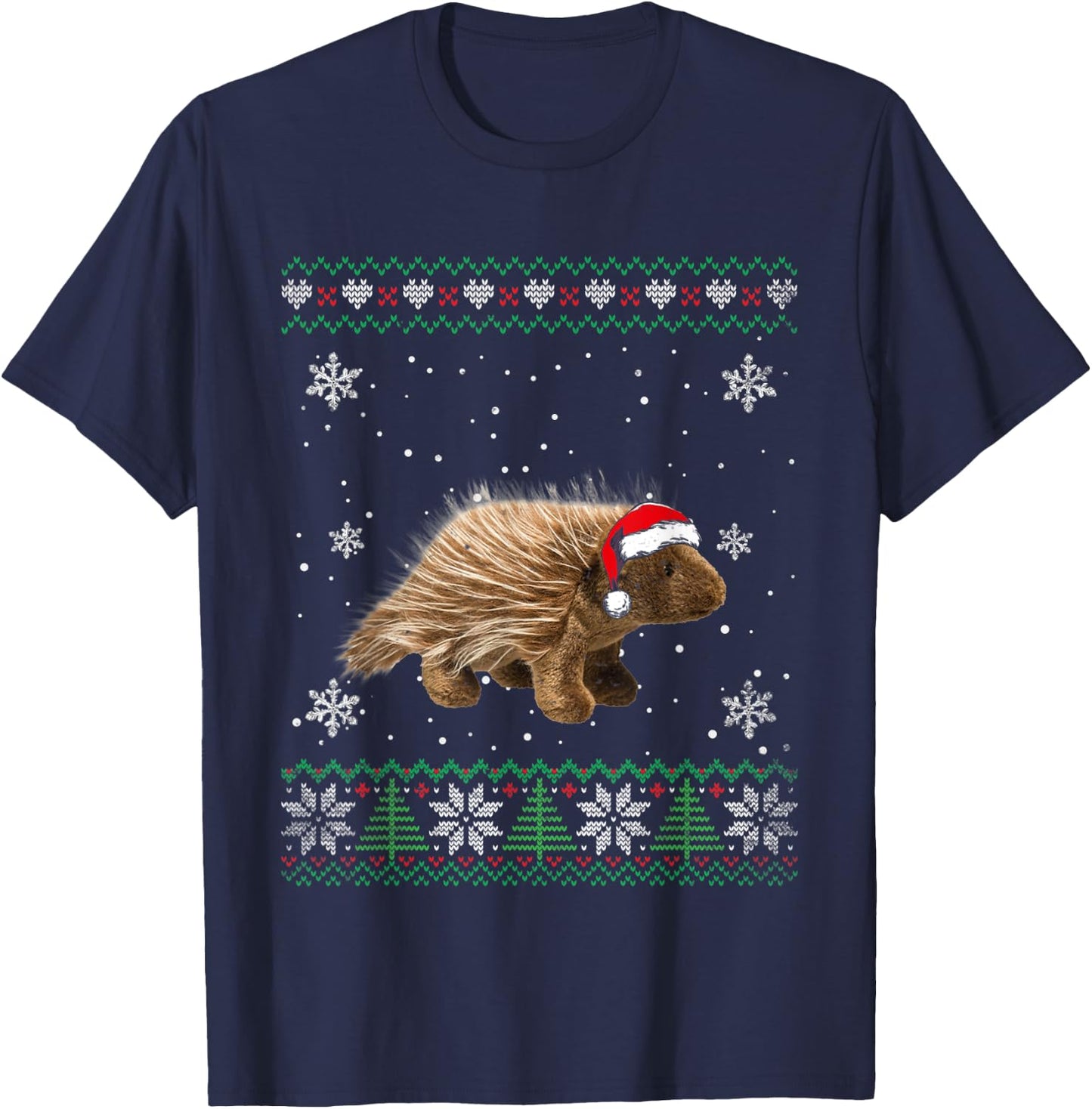 Santa Porcupine Ugly Sweater Animals Christmas Pajama T-Shirt - T-Shirt | Navy