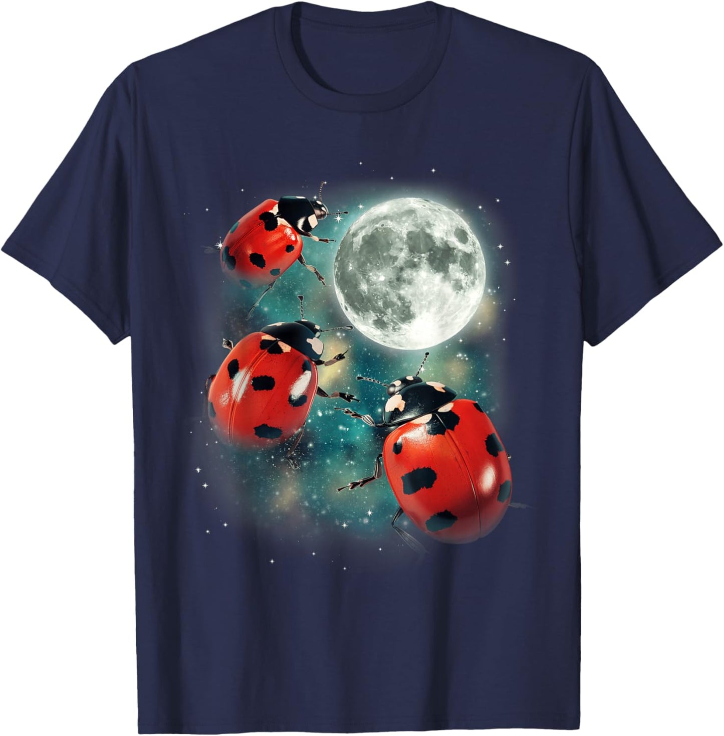 Three Ladybug Moon | Red Beetles Gardener Outdoors Cute Bug T-Shirt - T-Shirt | Navy