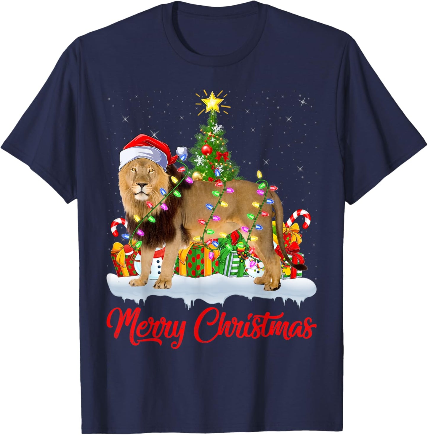 Lion Xmas Tree Lighting Santa Lion Christmas T-Shirt - T-Shirt | Navy