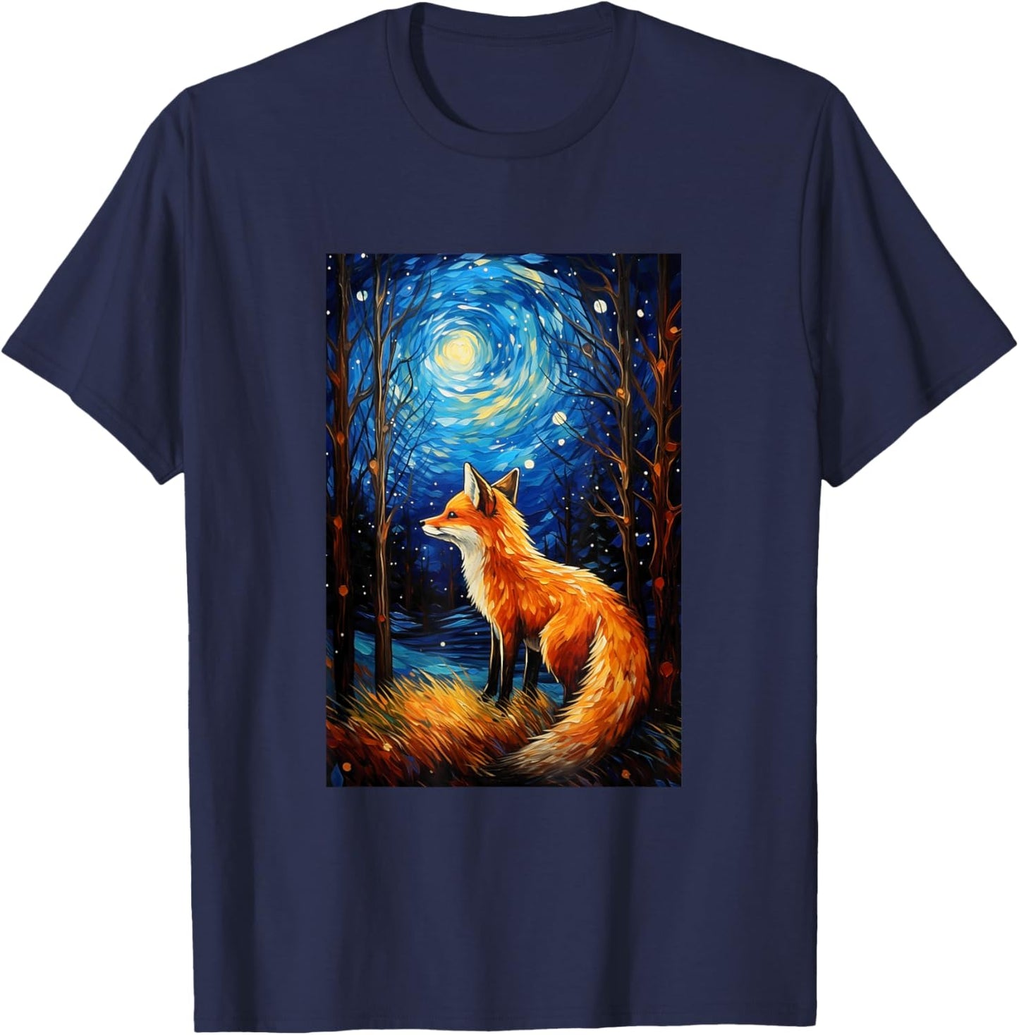 Cute Fox Van Gogh Style Starry Night Graphic T-Shirt - T-Shirt | Navy