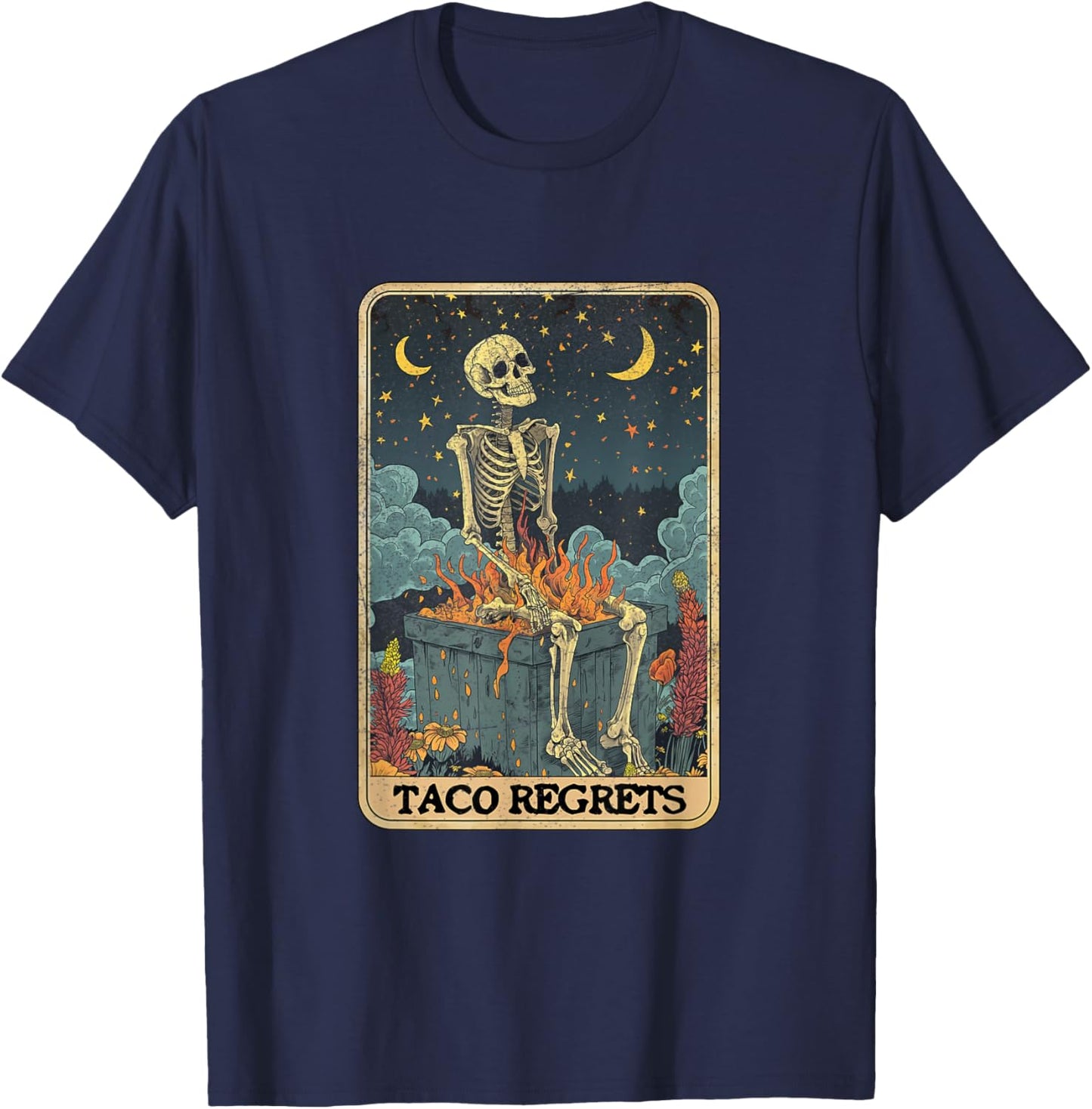 Taco Regrets Cinco de Mayo Retro Mystical Skeleton Pooping T-Shirt - T-Shirt | Navy