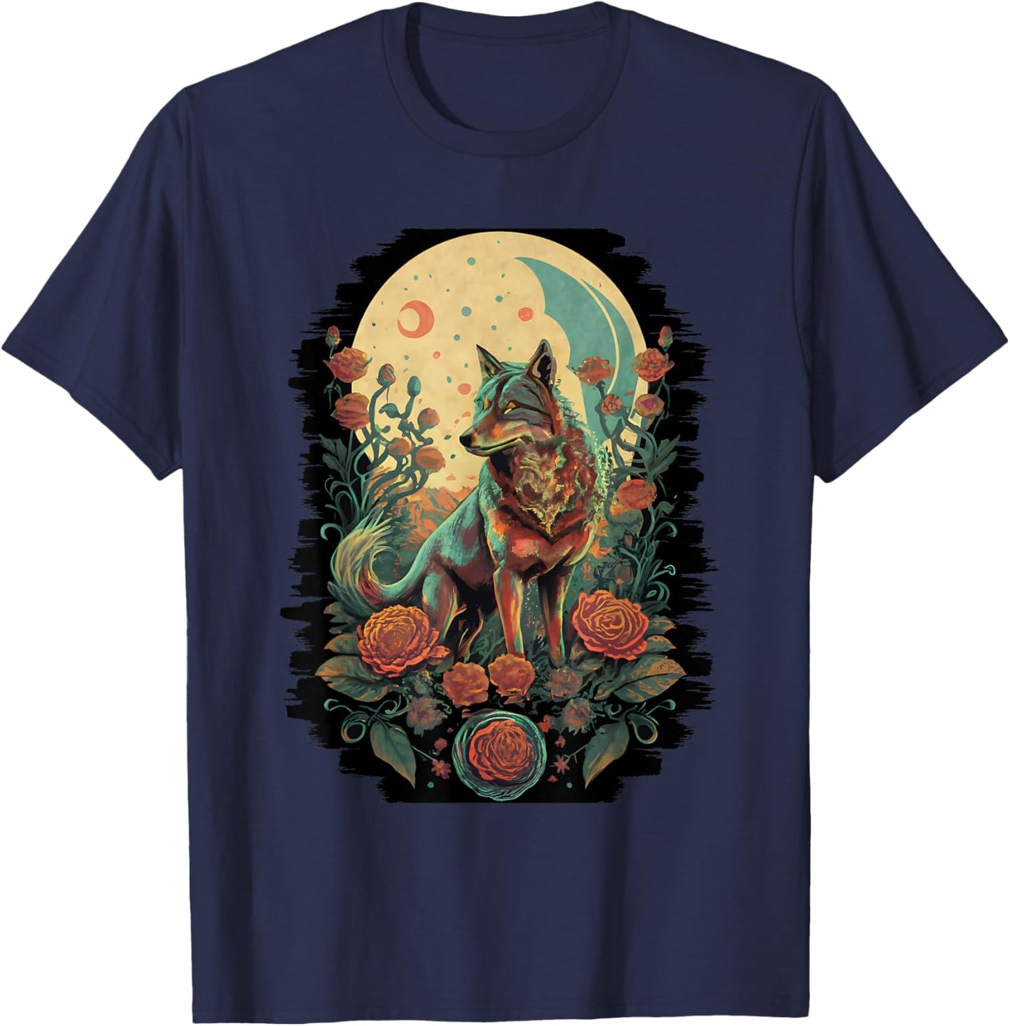 Botanical Wolf Women Roses Full Moon Children Floral Wolf T-Shirt - T-Shirt | Navy