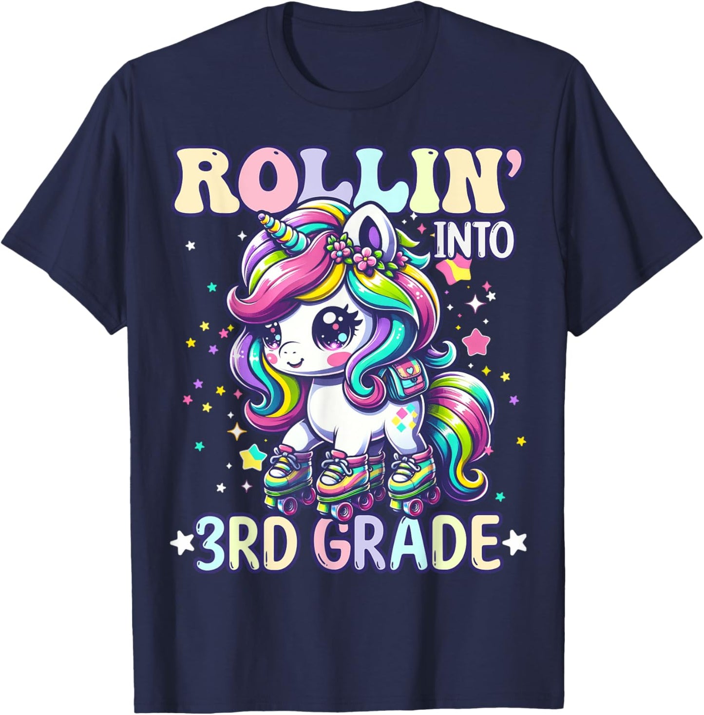 3rd Grade Back To School First Day Girl Rollin Unicorn T-Shirt - T-Shirt | Navy