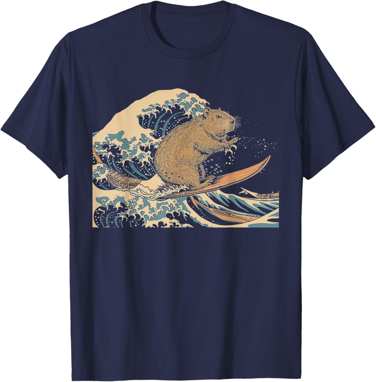 Capybara Surfing Japanese Wave Surfer Animal Funny Capybara T-Shirt - T-Shirt | Navy