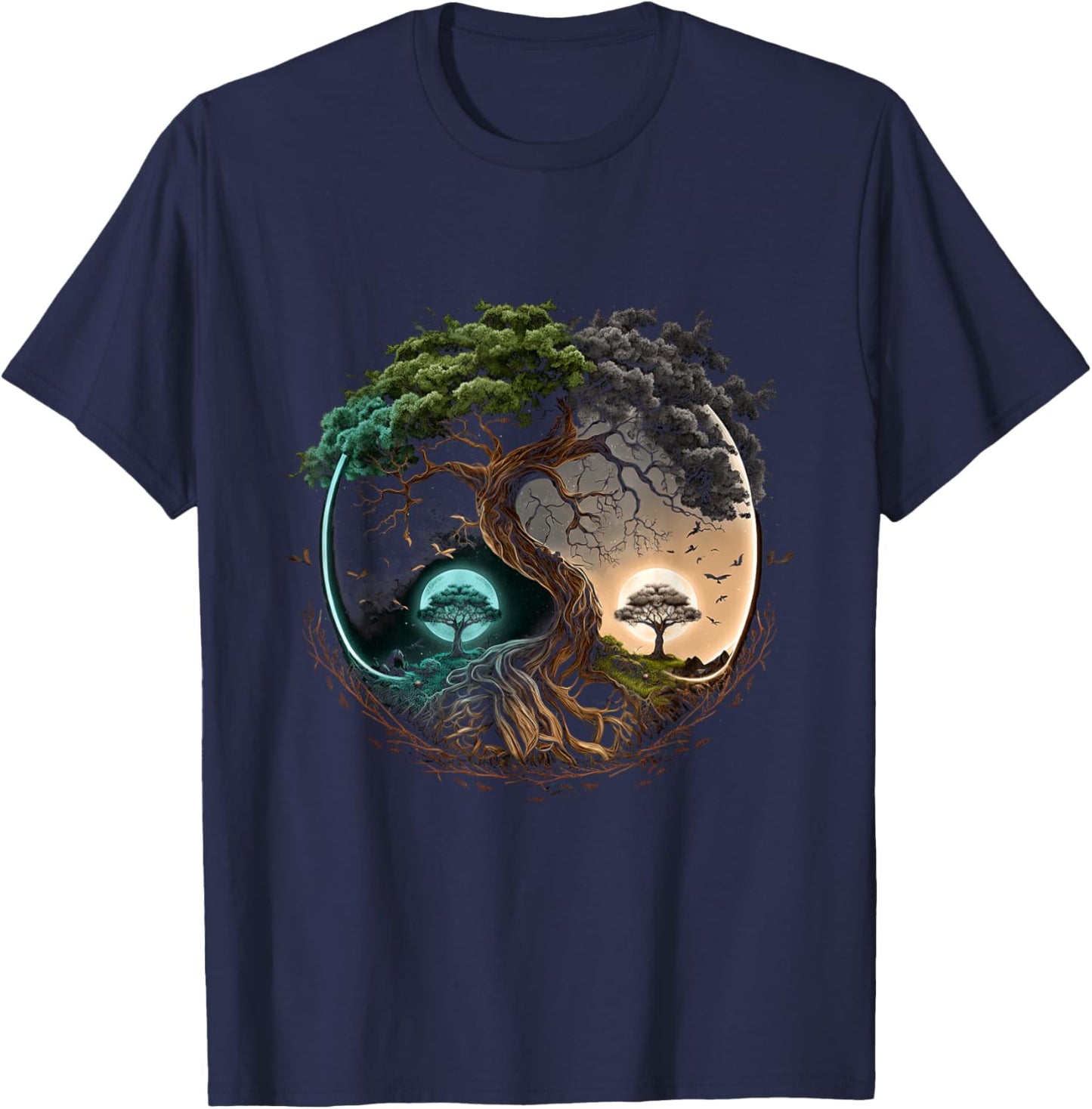 Tree Life Yin Yang Moon Sun Day And Night Bonsai Japanese T-Shirt - T-Shirt | Navy