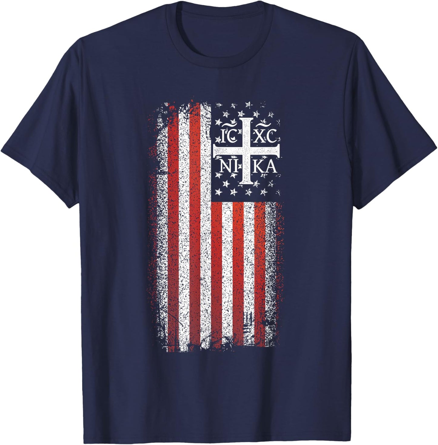 ICXC NIKA Christogram Cross American Flag Christian T-Shirt - T-Shirt | Navy