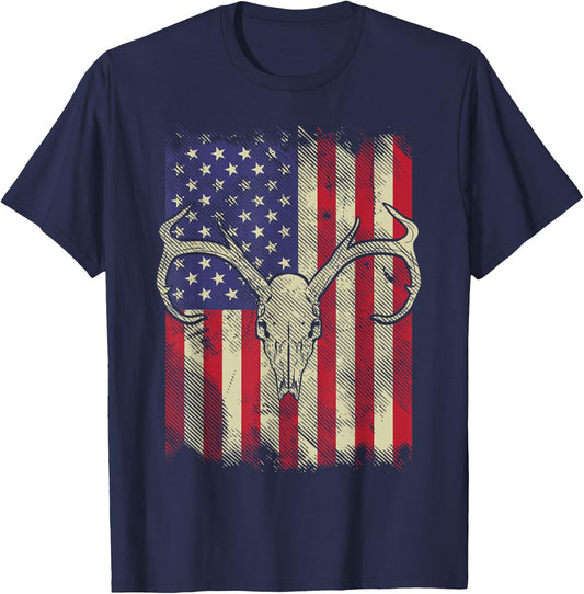 Deer Skull American Flag Hunting Vintage USA Hunter Gift T-Shirt - T-Shirt | Navy