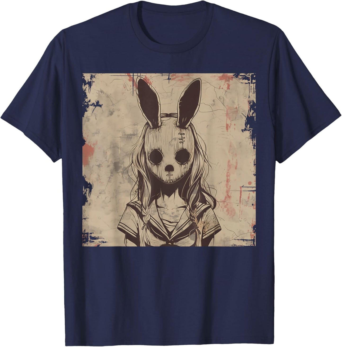 Goth Grunge Creepy Bunny Rabbit Mask Girl Anime Horror Art T-Shirt - T-Shirt | Navy