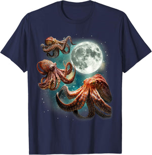 Three Octopuses 3 Moon Ocean Deep Sea Creature Wildlife T-Shirt - T-Shirt | Navy