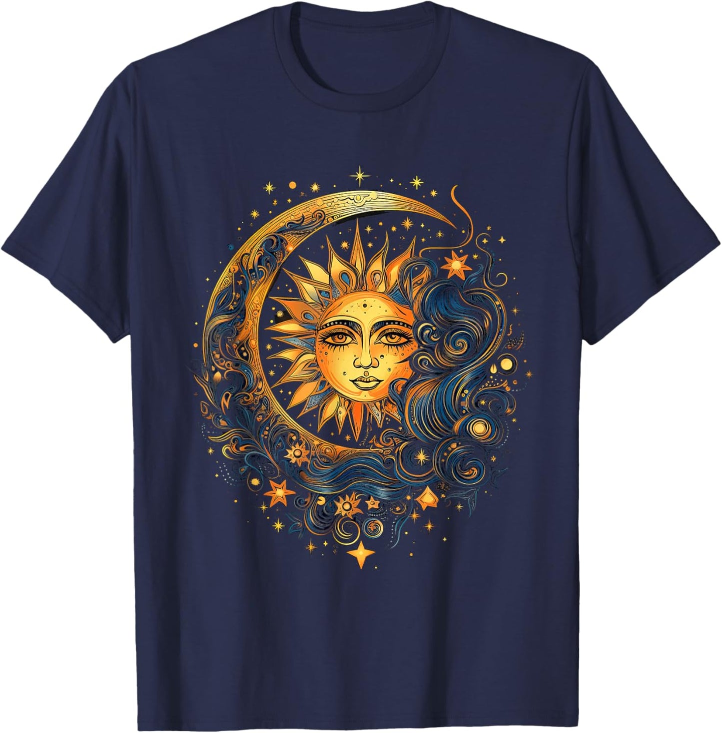 Mystic Sun and Moon Woman Mystical Flowers Aesthetic T-Shirt - T-Shirt | Navy