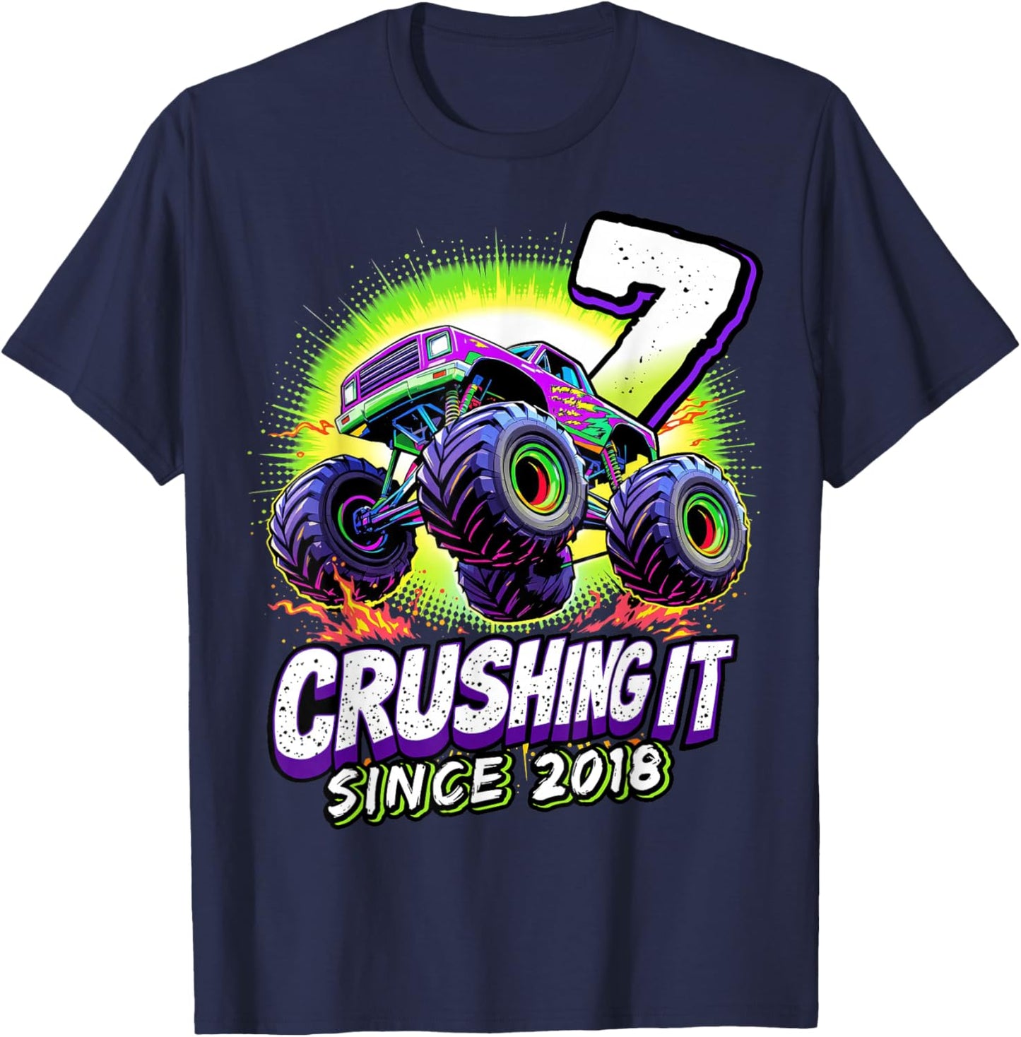 Birthday Monster Truck 7 year Old Boys 7th Party Born 2018 T-Shirt - T-Shirt | Navy