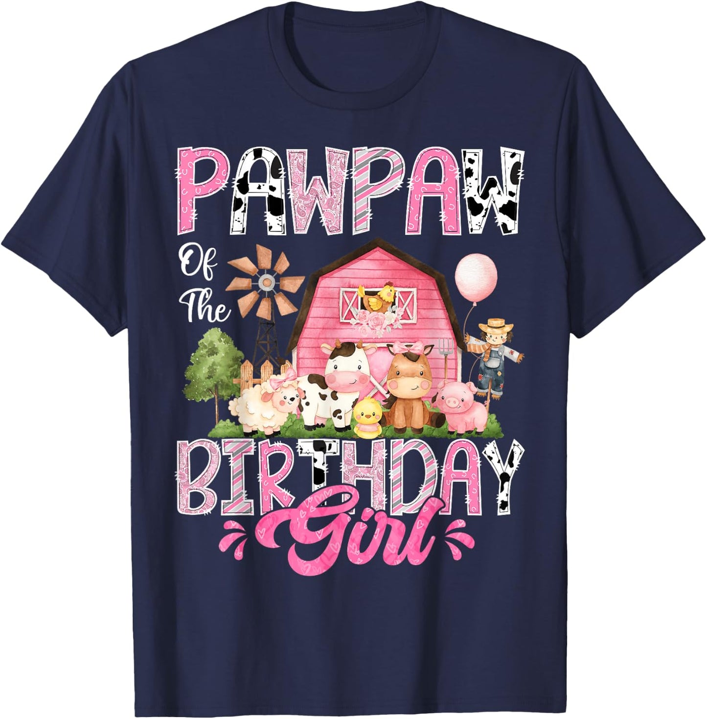 Pawpaw Of The Birthday Girl Pink Farm Cow First Birthday T-Shirt - T-Shirt | Navy