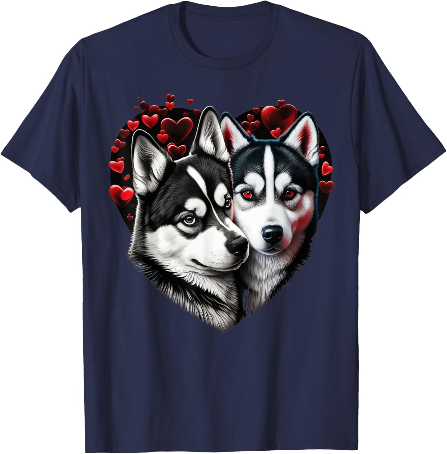 Two Husky Dogs Valentines Day Love on Couple Siberian Husky T-Shirt - T-Shirt | Navy