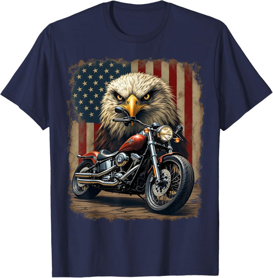 Motorcycle USA Flag Retro Biker Chopper T-Shirt - T-Shirt | Navy