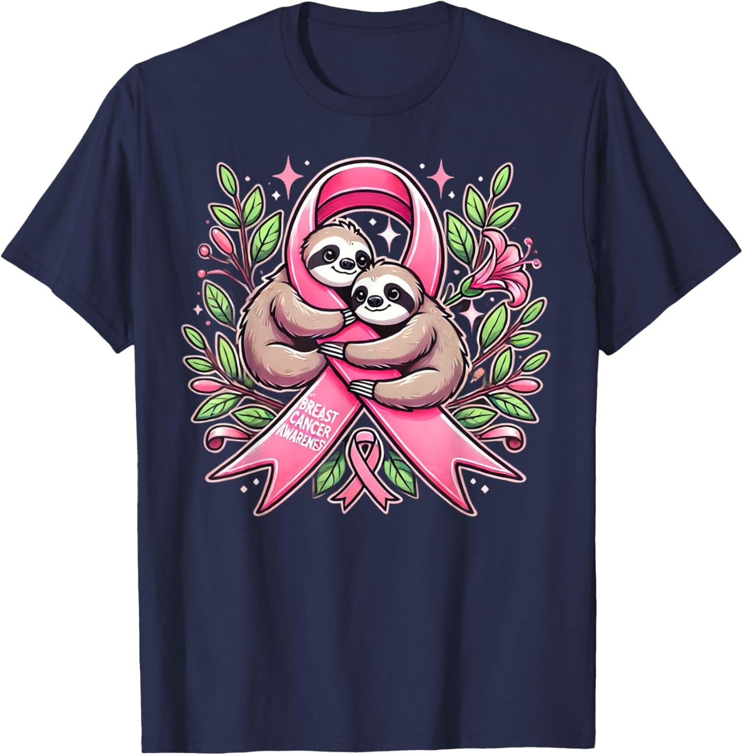 Breast Cancer Awareness Sloth Ribbon T-Shirt - T-Shirt | Navy