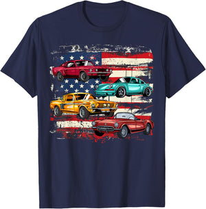 Classic Muscle Car Retro American Flag Patriotic Vintage Girls Kids Men T-Shirt - T-Shirt | Navy