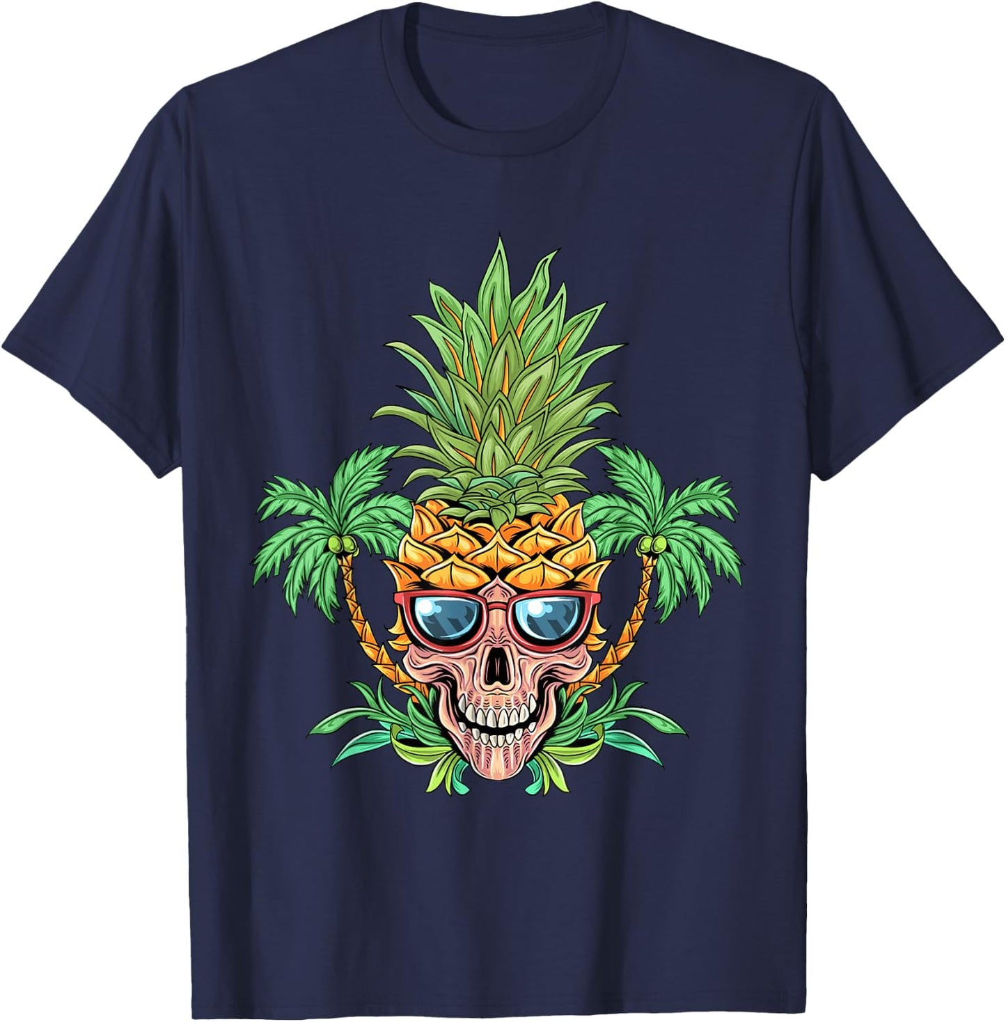 Skull Pineapple Aloha Beaches Hawaiian Flowers Hawaii Summer T-Shirt - T-Shirt | Navy