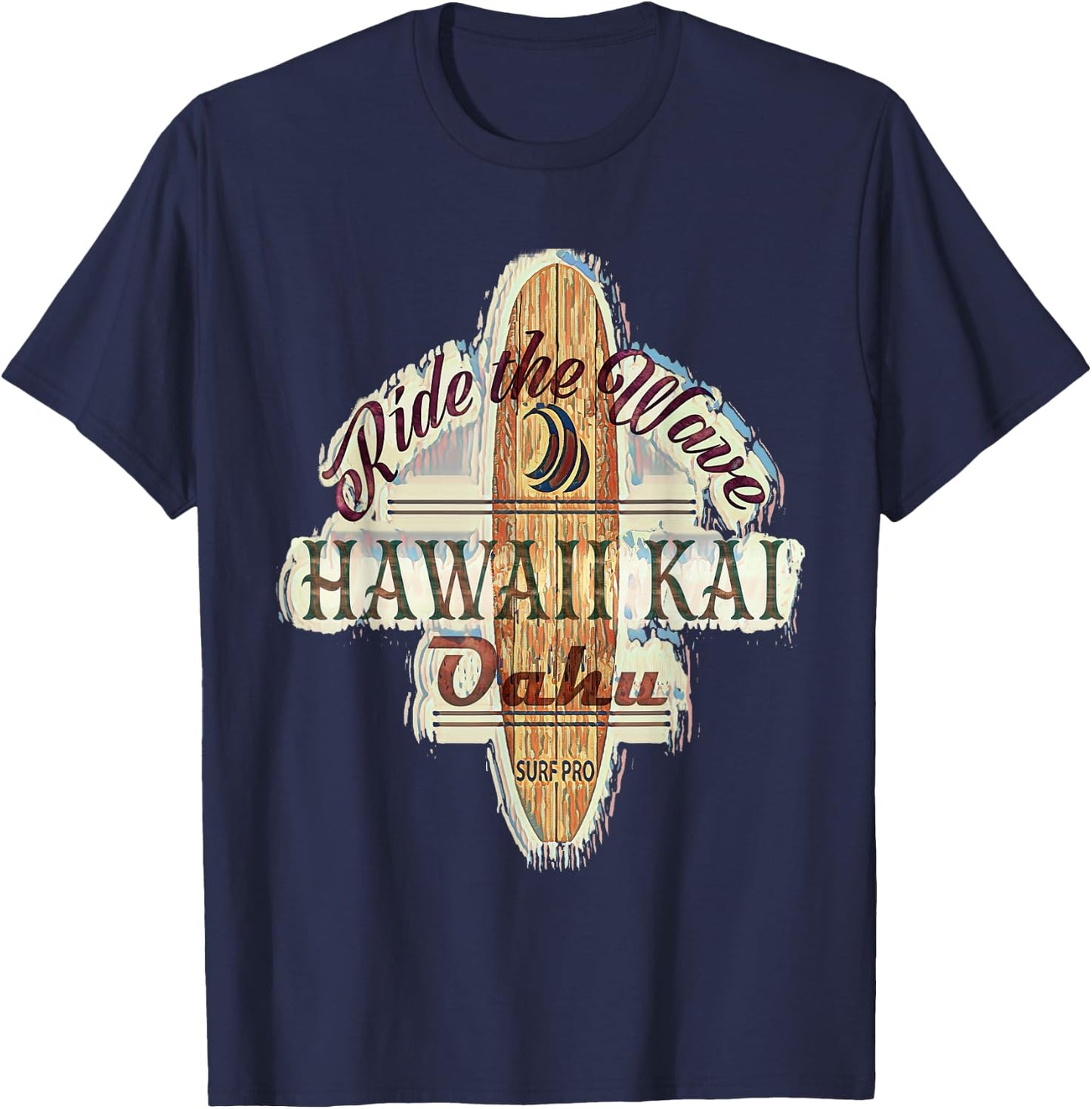 Surfing, Surfboard, Distressed Longboard Hawaii Kai Oahu T-Shirt - T-Shirt | Navy