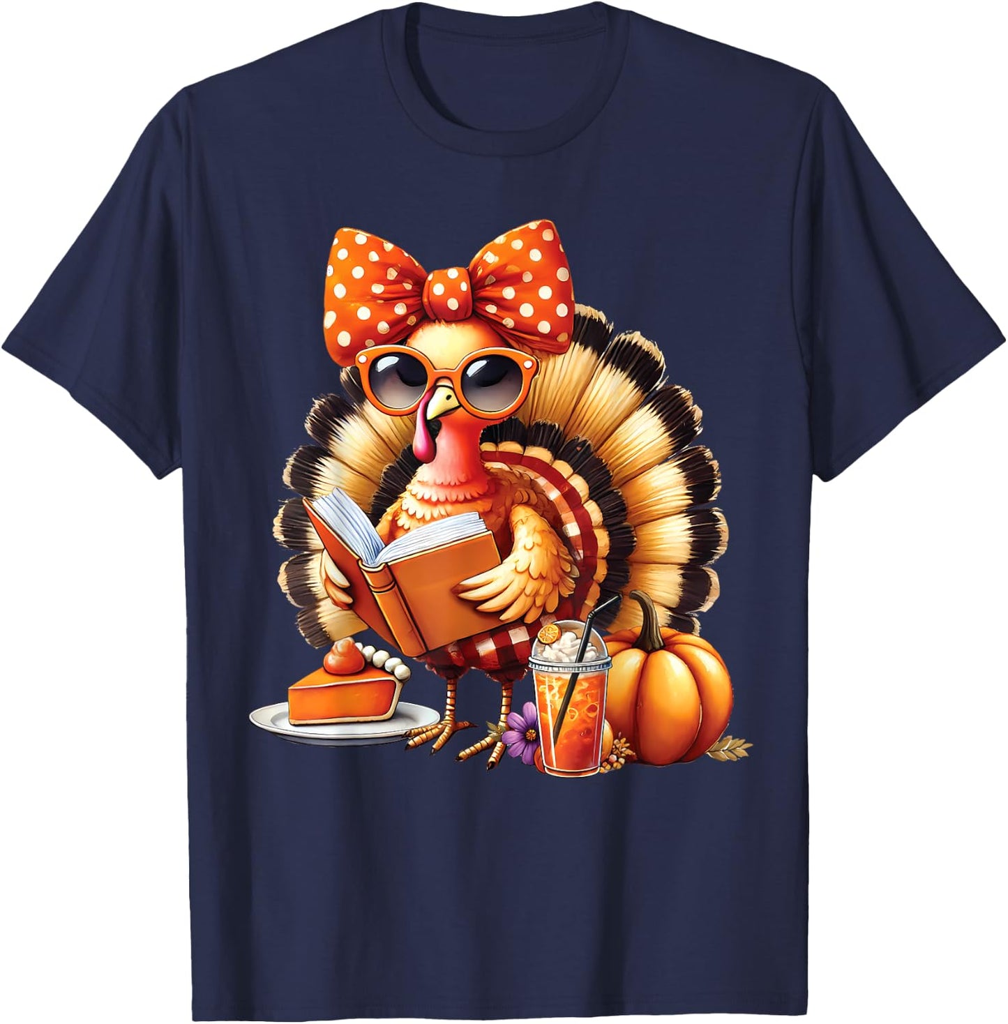 Cute Turkey Reading Book Lovers Thanksgiving Bow T-Shirt - T-Shirt | Navy