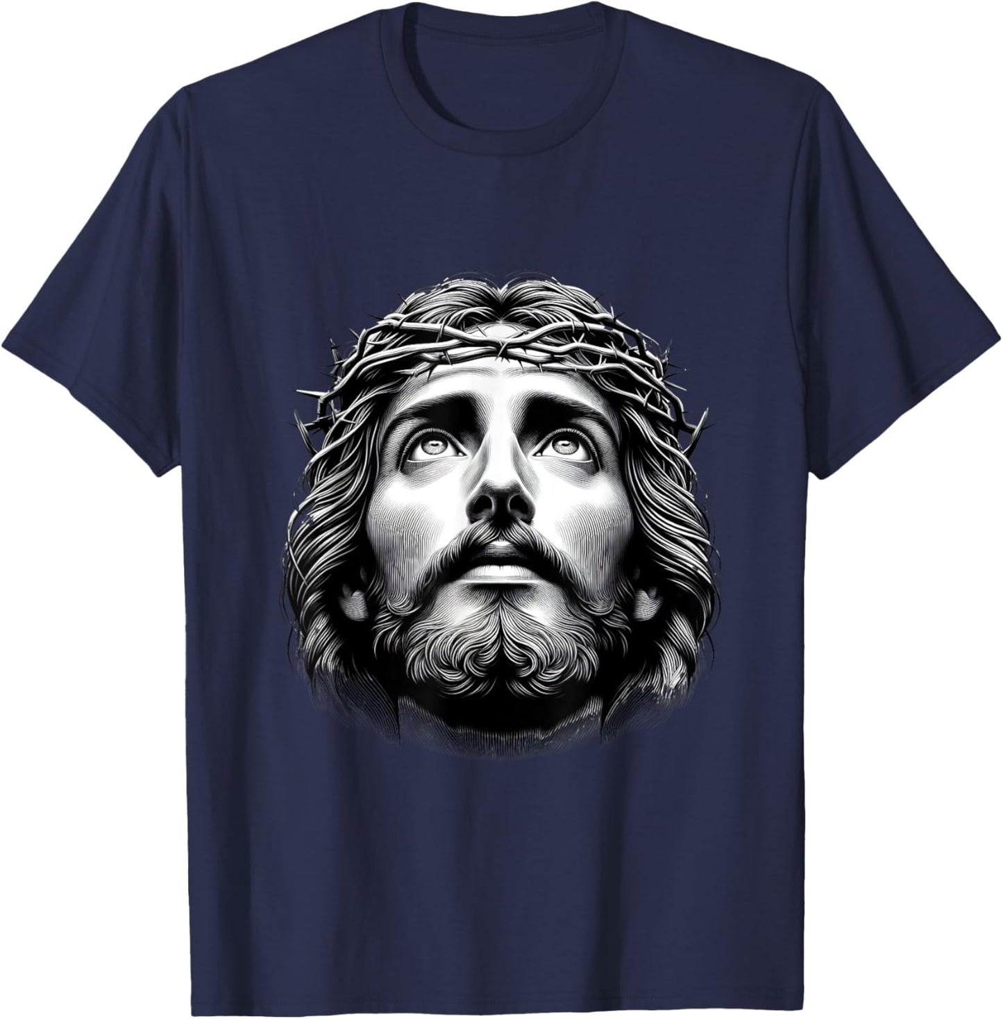 Jesus Christ Face With Crown Of Thorn God Bible Christian T-Shirt - T-Shirt | Navy