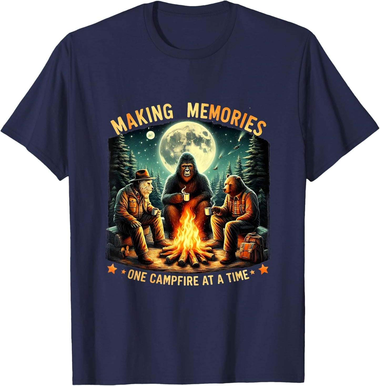 Retro Making Memories One Campfire At A Time Bigfoot Camping T-Shirt - T-Shirt | Navy