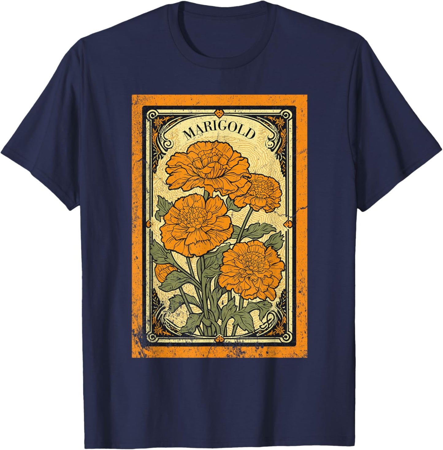 Vintage Marigold Flowers Tarot Card T-Shirt - T-Shirt | Navy