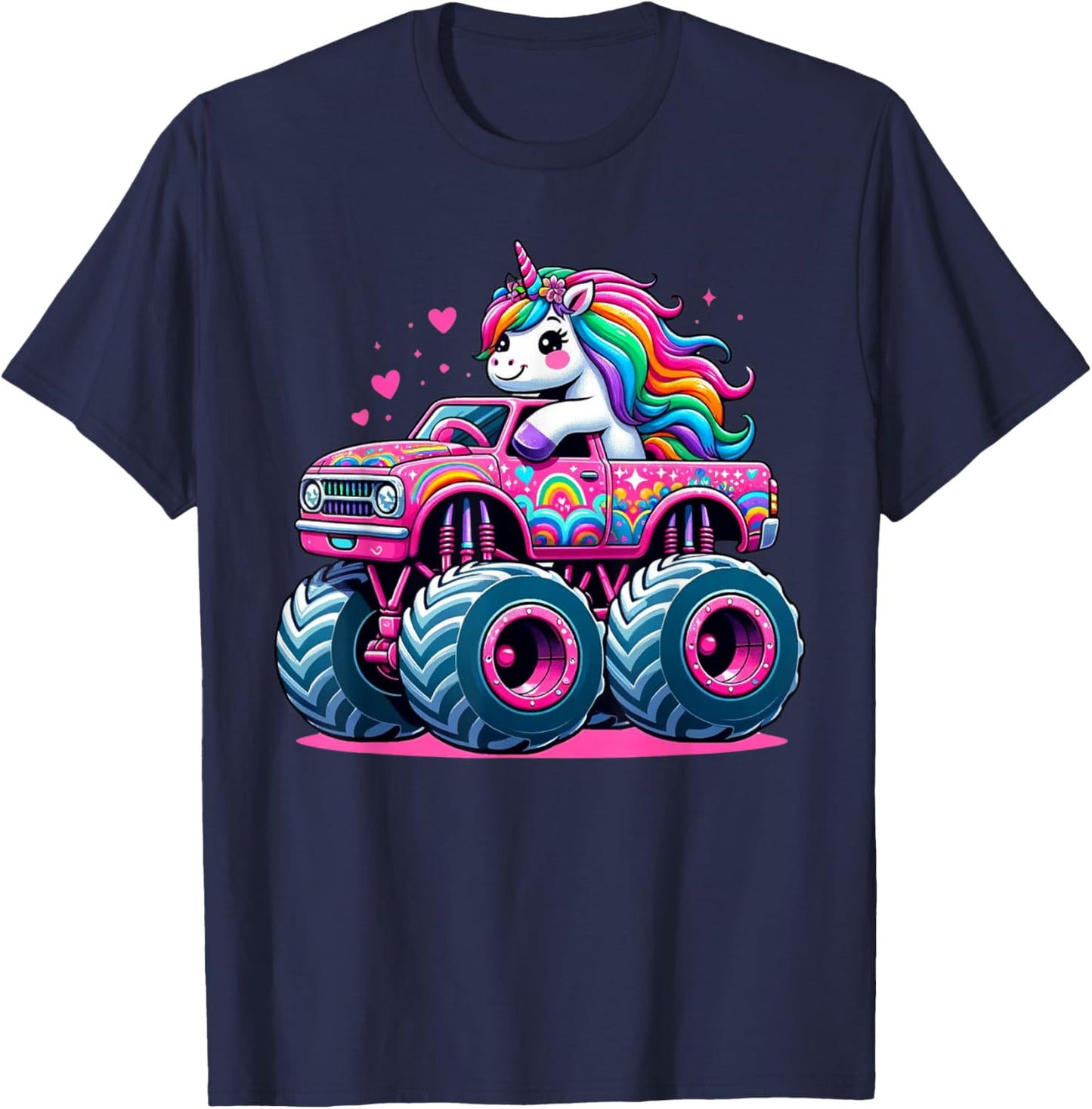 Funny Cute Unicorn Riding A Pink Monster Truck T-Shirt - T-Shirt | Navy