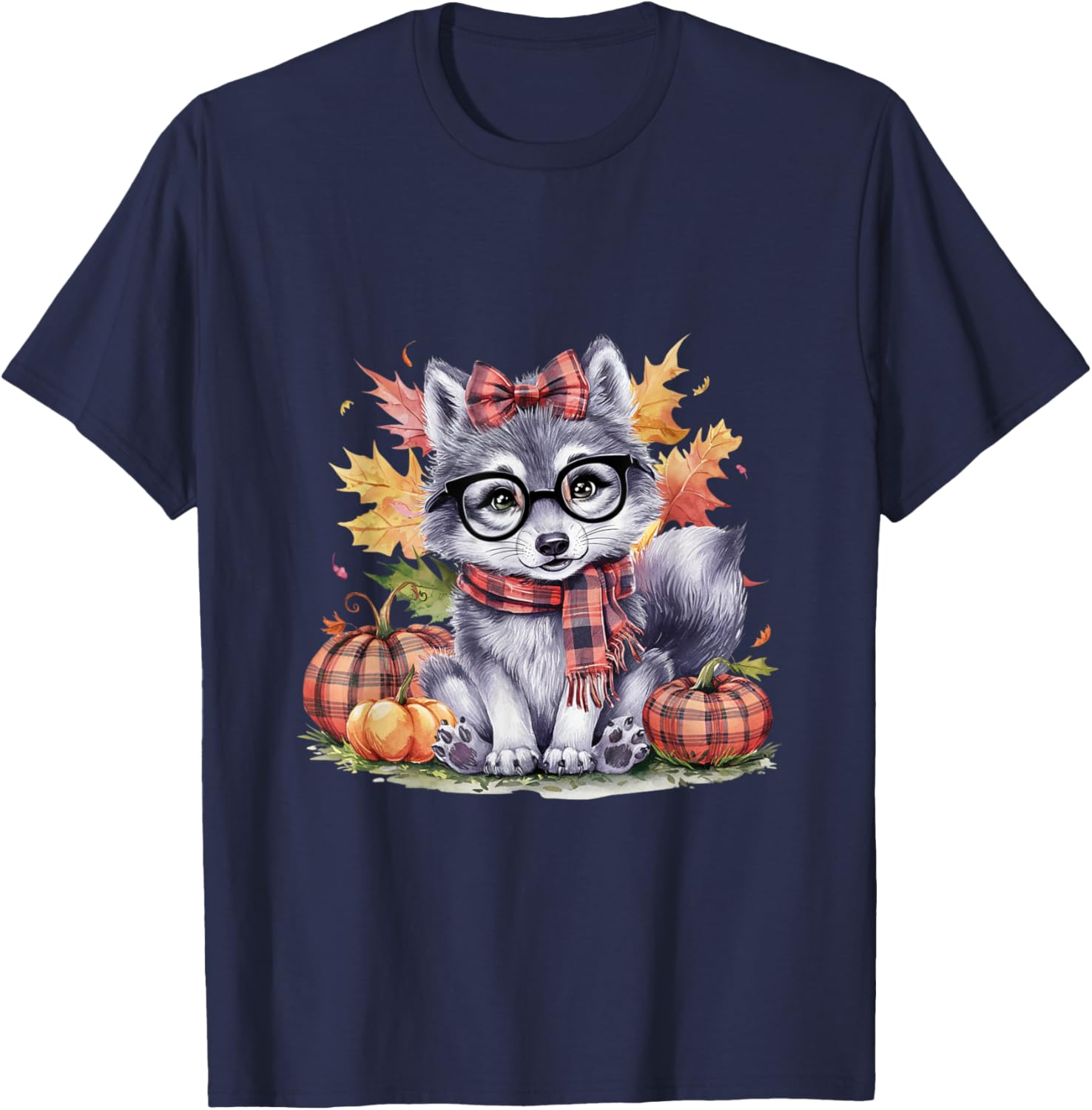 Fall Pumpkin Cute Wolf Fall Autumn Thanksgiving T-Shirt - T-Shirt | Navy