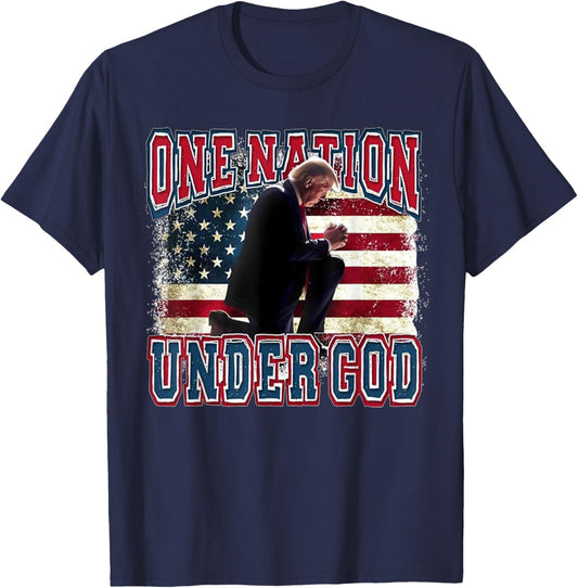 One Nation Under God Trump Pray Jesus USA Flag Distressed T-Shirt - T-Shirt | Navy