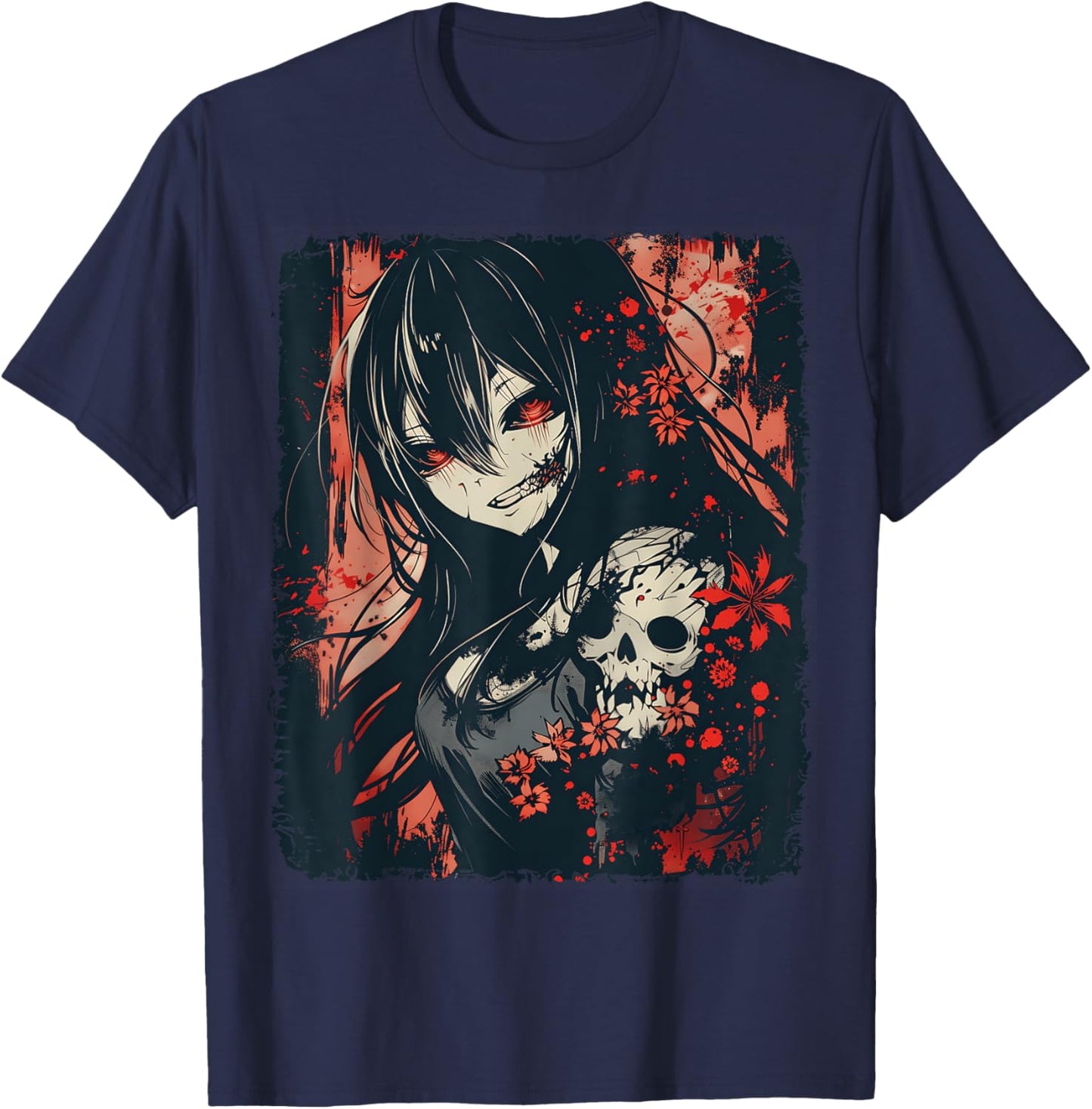 Anime Horror Girl Aesthetic Japanese Creepy Kawaii Goth T-Shirt - T-Shirt | Navy