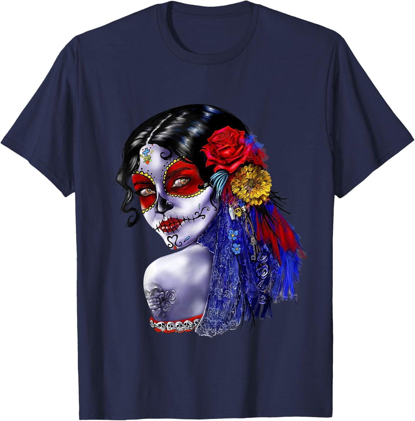 Day Of The Dead Beauty With Flowers T-Shirt - T-Shirt | Navy