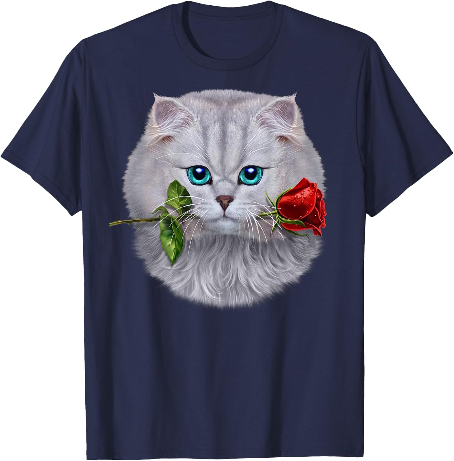 Romantic Fluffy White Cat Biting on a Rose Flower T-Shirt - T-Shirt | Navy