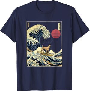 Black Mouth Cur Japanese Kanagawa Wave Funny Surf Dog T-Shirt - T-Shirt | Navy