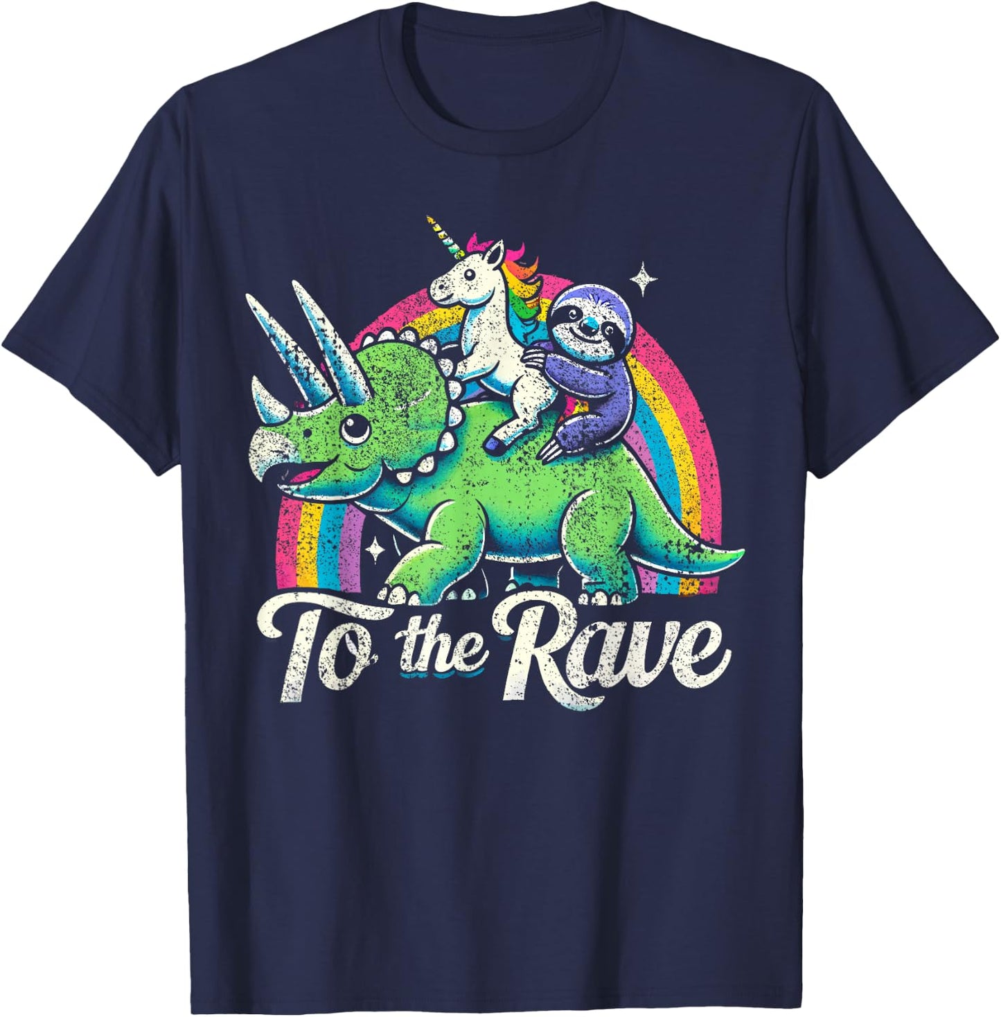Techno Party Unicorn Sloth Dinosaur Rave Music T-Shirt - T-Shirt | Navy