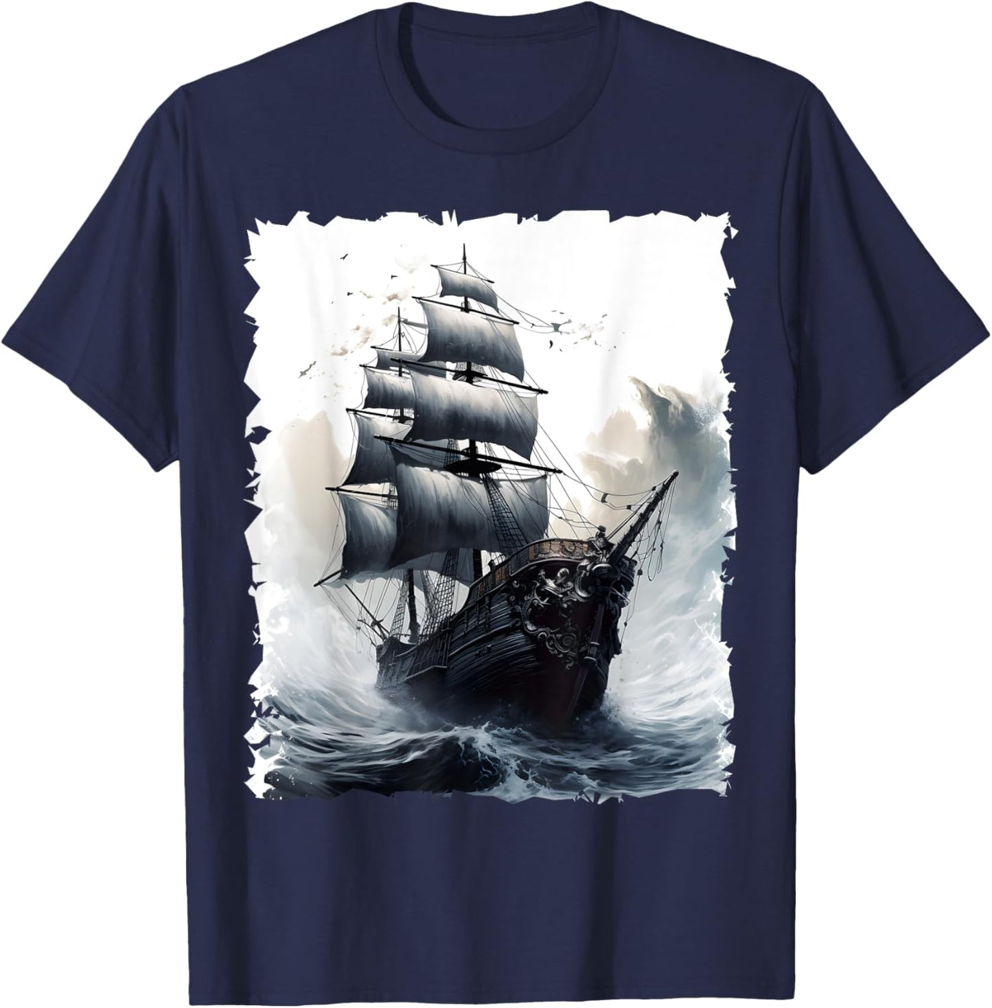 Sailing Boat Captain Pirate Ship Sailing Storm Painting T-Shirt - T-Shirt | Navy