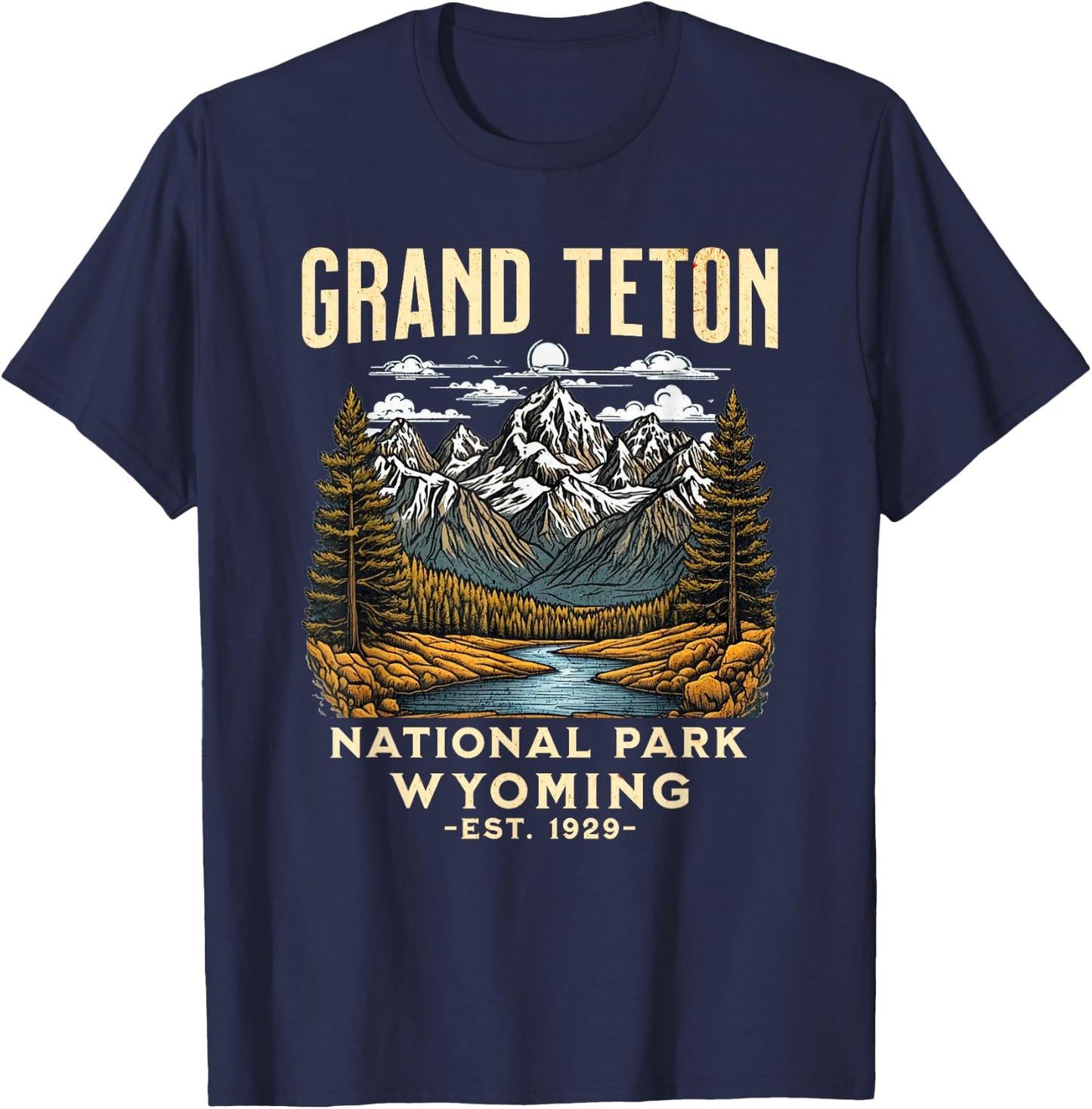 Grand Teton Wyoming | Vintage National Park USA T-Shirt - T-Shirt | Navy