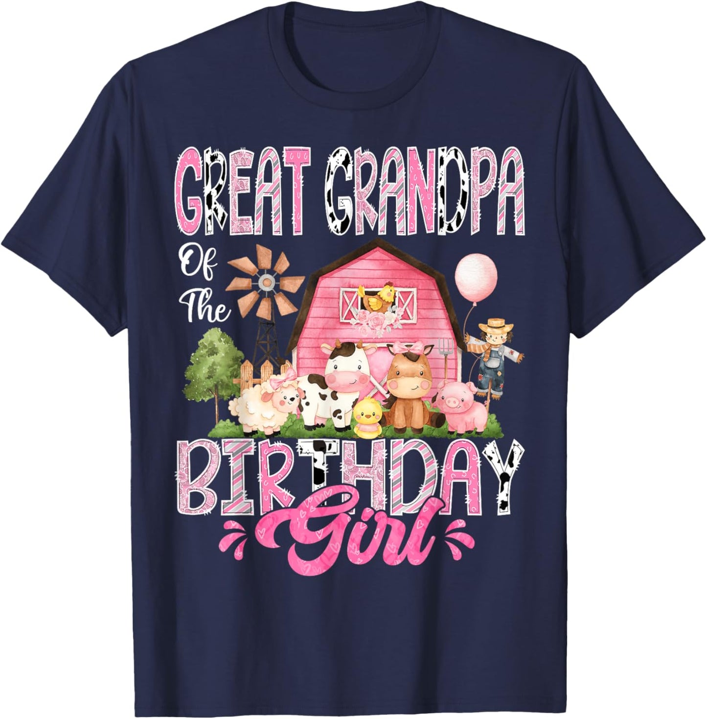 Great Grandpa Of The Birthday Girl Pink Farm Cow Birthday T-Shirt - T-Shirt | Navy