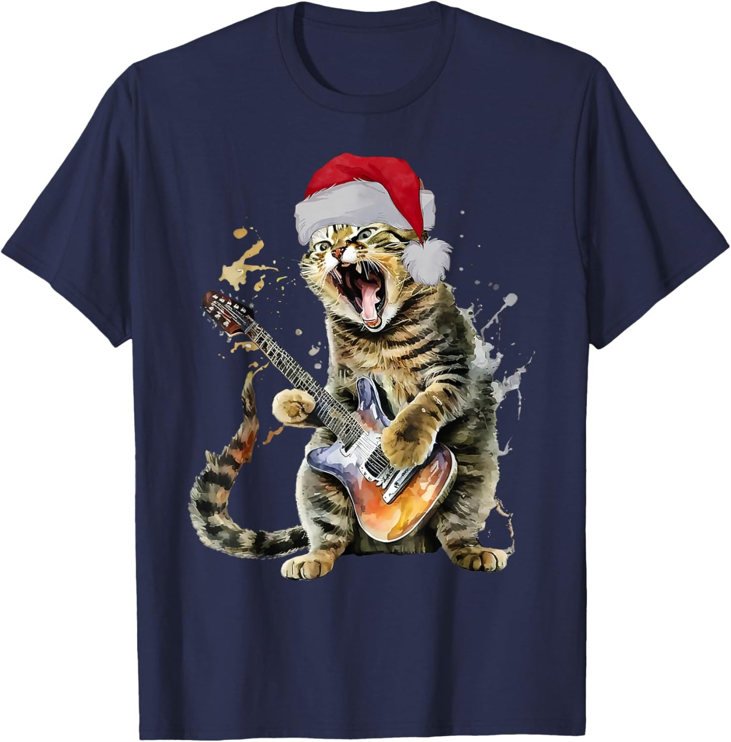 Christmas Cat Playing Guitar Musician Band Cat Lover T-Shirt - T-Shirt | Navy