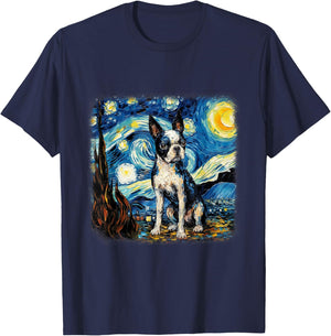 Van gogh Boston Terrier in starry night T-Shirt - T-Shirt | Navy
