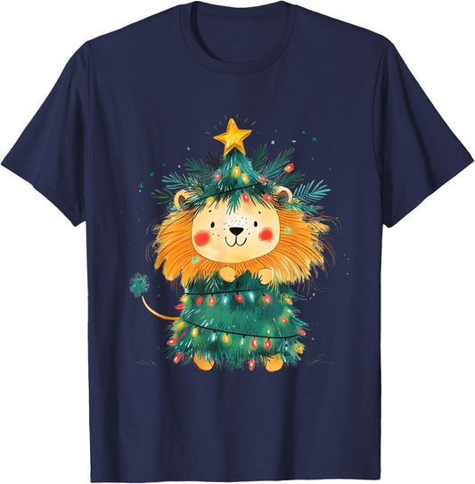 Lion Christmas Tree Pajamas Girls Boys Xmas Lights T-Shirt - T-Shirt | Navy