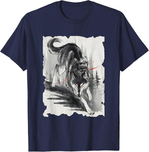 Wolf Sumi-e Graphic - Vintage Japanese Art Wolf Lover T-Shirt - T-Shirt | Navy